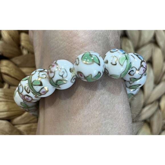 Vintage Dainty Green Gold Tone Cloisonne Enamel Flower Bead Stretch Bracelet - Picture 2 of 6